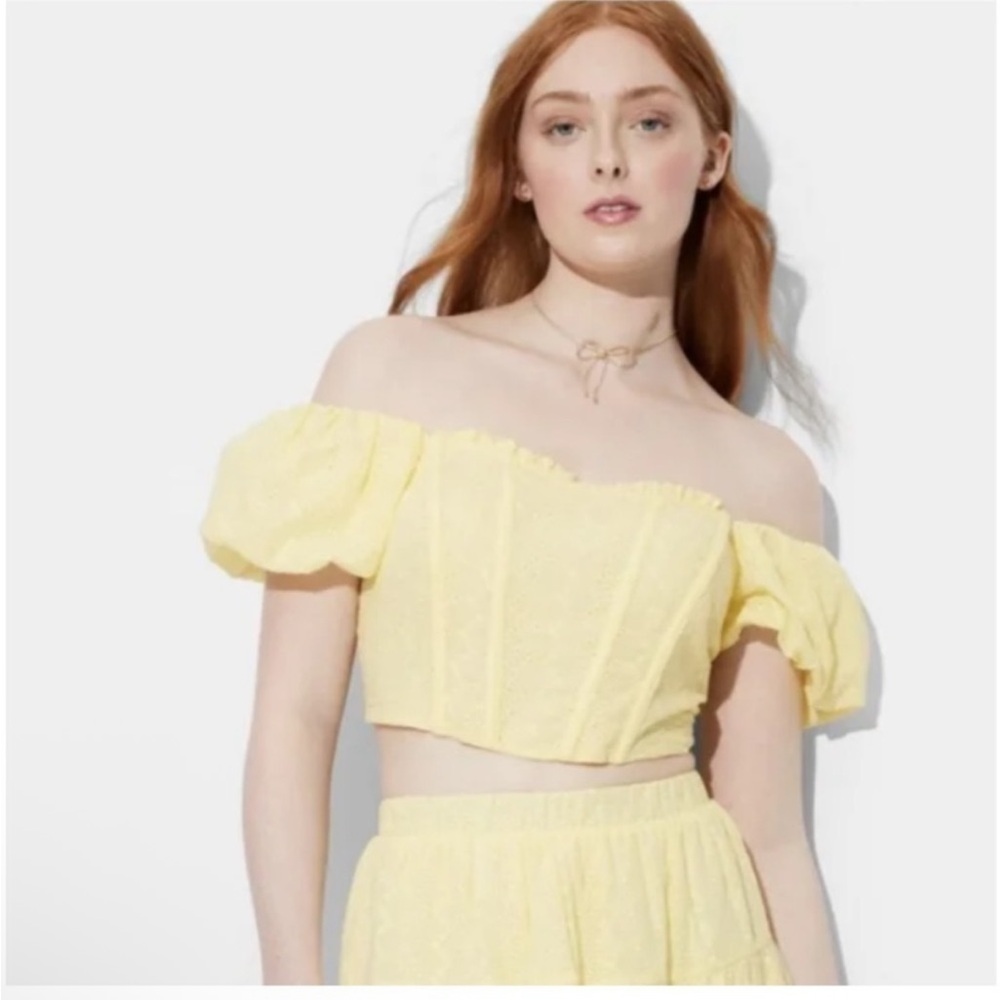 Wild Fable Yellow Eyelet Puff Sleeve Corset Crop Top L NWT Cottagecore
